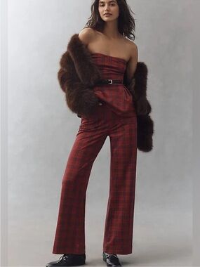 Anthropologie Maeve Colette Red Plaid Wide-Leg Pants High Rise Size 30